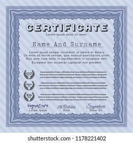 Blue Certificate template or diploma template. Customizable, Easy to edit and change colors. With complex linear background. Cordial design. 