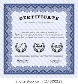 Blue Certificate template or diploma template. Detailed. With great quality guilloche pattern. Cordial design. 