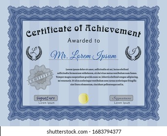 Blue Certificate template or diploma template. Detailed. With complex background. Cordial design. 