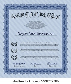 Blue Certificate template or diploma template. Easy to print. Nice design. Detailed. 
