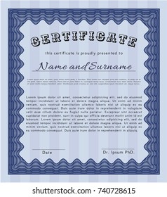 Blue Certificate template or diploma template. Easy to print. Detailed. Superior design. 