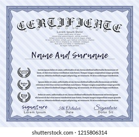 Blue Certificate template or diploma template. Elegant design. Detailed. Easy to print. 