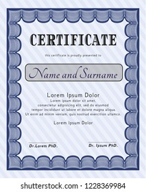 Blue Certificate template or diploma template. Excellent design. With guilloche pattern. Vector illustration. 