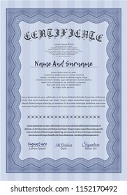 Blue Certificate template or diploma template. Good design. Vector illustration. With background. 