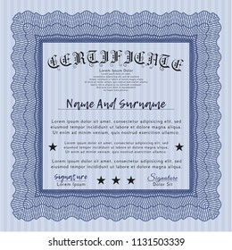 Blue Certificate template or diploma template. With guilloche pattern. Retro design. Vector illustration. 