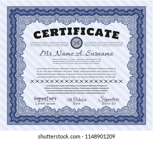 Blue Certificate template or diploma template. With guilloche pattern. Detailed. Money Pattern design. 