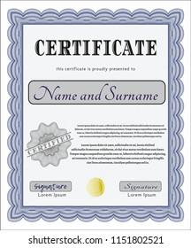 Blue Certificate template or diploma template. With guilloche pattern and background. Customizable, Easy to edit and change colors. Money design. 