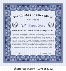 Blue Certificate template or diploma template. With guilloche pattern and background. Vector illustration. Retro design. 