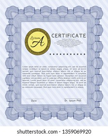 Blue Certificate template or diploma template. With guilloche pattern. Money Pattern design. Detailed. 
