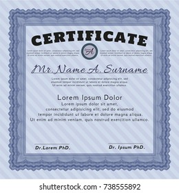 Blue Certificate template or diploma template. With guilloche pattern and background. Customizable, Easy to edit and change colors. Good design. 