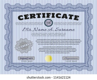 Blue Certificate template or diploma template. With linear background. Detailed. Cordial design. 