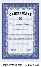 Blue Certificate template or diploma template. With linear background. Vector illustration. Excellent design. 