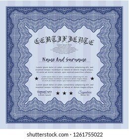 Blue Certificate template or diploma template. With linear background. Elegant design. Detailed. 