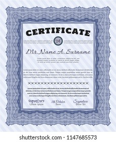 Blue Certificate template or diploma template. Modern design. Detailed. With guilloche pattern. 