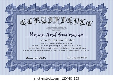 Blue Certificate template or diploma template. Money style design. With linear background. Detailed. 