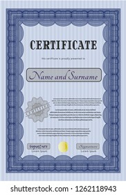 Blue Certificate template or diploma template. Nice design. Detailed. With background. 