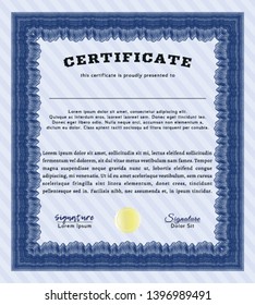 Blue Certificate template or diploma template. Nice design. Detailed. With complex linear background. 