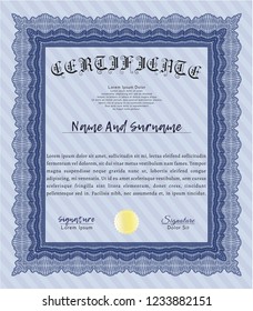 Blue Certificate template or diploma template. With quality background. Elegant design. Detailed. 
