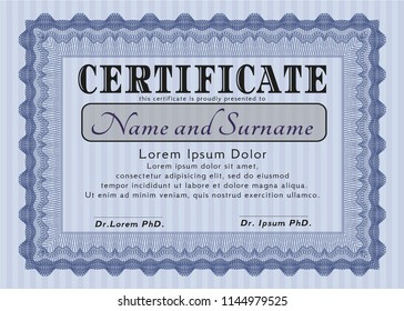 Blue Certificate template or diploma template. Sophisticated design. With guilloche pattern and background. Vector illustration. 