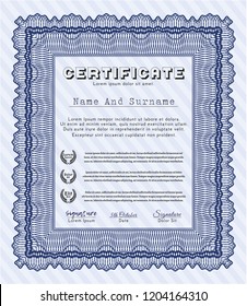Blue Certificate template or diploma template. Sophisticated design. With guilloche pattern. Customizable, Easy to edit and change colors. 