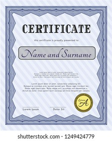 Blue Certificate template or diploma template. Sophisticated design. Detailed. Printer friendly. 