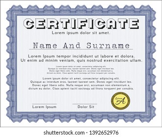 Blue Certificate template or diploma template. Superior design. Customizable, Easy to edit and change colors. With guilloche pattern. 