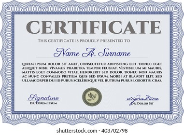 Blue Certificate template or diploma template. Superior design. Complex background. Vector pattern that is used in currency and diplomas.