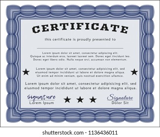 Blue Certificate template or diploma template. Vector illustration. With complex background. Elegant design. 