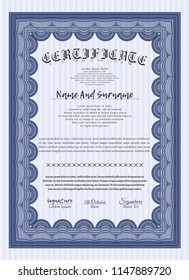 Blue Certificate template or diploma template. Vector illustration. Complex background. Money Pattern. 