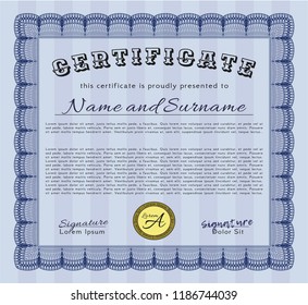 Blue Certificate template or diploma template. Vector illustration. Complex background. Superior design. 