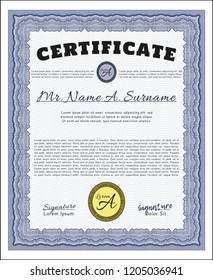 Blue Certificate template or diploma template. Vector illustration. With guilloche pattern. Cordial design. 