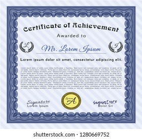 Blue Certificate template or diploma template. Vector illustration. With guilloche pattern and background. Money Pattern design. 