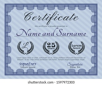 Blue Certificate template or diploma template. Vector illustration. With guilloche pattern. Money Pattern design. 