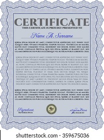 Blue Certificate template or diploma template. Vector illustration.Excellent design. With guilloche pattern. 