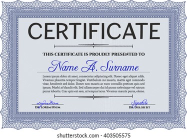 Blue Certificate template or diploma template. Vector pattern that is used in currency and diplomas.Complex background. Superior design. 