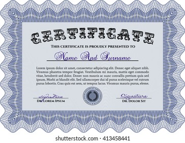 Blue Certificate template or diploma template. Vector pattern that is used in currency and diplomas.Complex background. Superior design. 