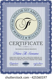 Blue Certificate template or diploma template. Vector pattern that is used in currency and diplomas.Beauty design. Complex background. 