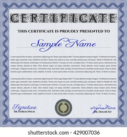 Blue Certificate template or diploma template. Vector pattern that is used in currency and diplomas.Superior design. Complex background. 
