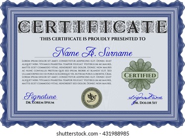 Blue Certificate template or diploma template. Vector pattern that is used in currency and diplomas.Complex background. Superior design. 