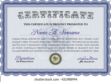 Blue Certificate template or diploma template. Vector pattern that is used in currency and diplomas.Complex background. Superior design. 