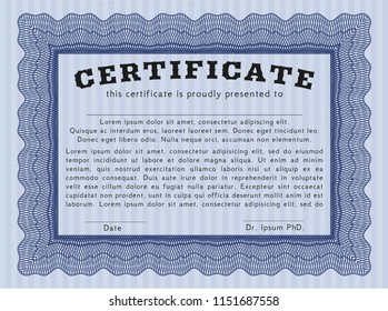 Blue Certificate template. Easy to print. Money Pattern. Detailed. 