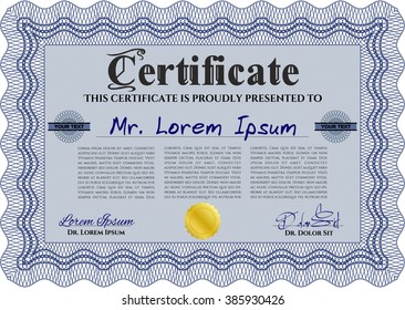 Blue Certificate template. Easy to print. Customizable, Easy to edit and change colors. Nice design. 