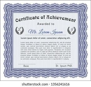 Blue Certificate template. Elegant design. Detailed. With great quality guilloche pattern. 