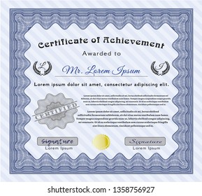 Blue Certificate template. Elegant design. With background. Vector illustration. 