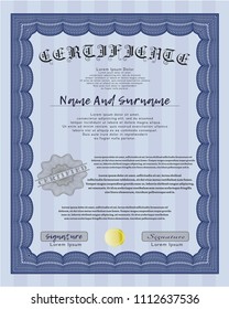 Blue Certificate template. Excellent design. With complex linear background. Customizable, Easy to edit and change colors. 