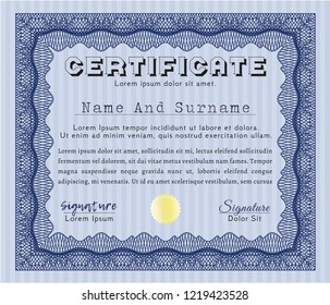 Blue Certificate template. Excellent design. Customizable, Easy to edit and change colors. Printer friendly. 