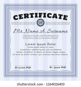 Blue Certificate template. Excellent design. Vector illustration. With complex linear background. 
