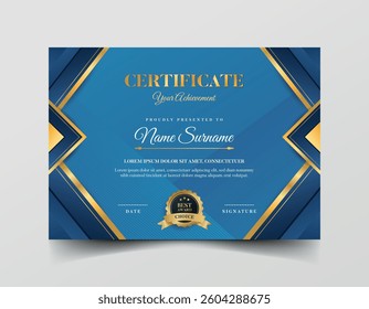 Blue certificate  template with gold simple design suitable for recognizing outstanding achievements in competitions or awards ceremonies. Perfect for celebrating academic or professional success