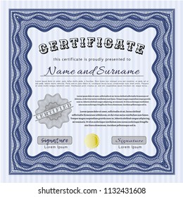 Blue Certificate template. With great quality guilloche pattern. Customizable, Easy to edit and change colors. Artistry design. 