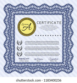 Blue Certificate template. With great quality guilloche pattern. Vector illustration. Nice design. 